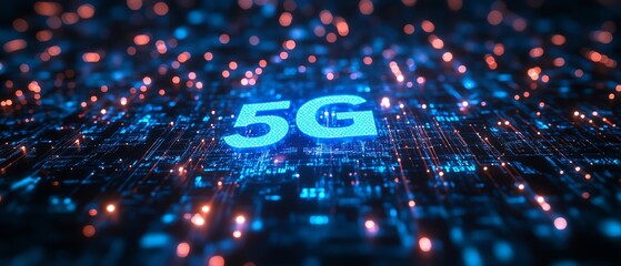 Poster - Digital 5G network with glowing blue text, networked lines, and a futuristic dark background, illustrating fast data exchange and cuttingedge technology