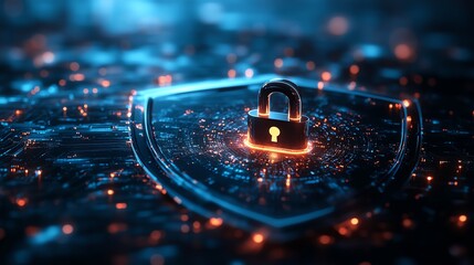 Leinwandbilder - Digital information safety concept with a glowing padlock on a shield, representing cyber security, with futuristic elements and a dark foggy abstract background