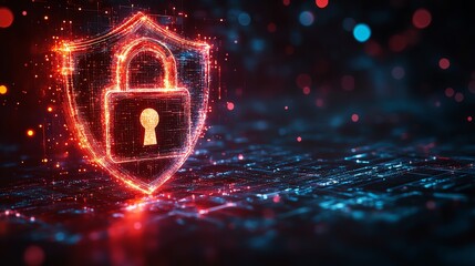 Leinwandbilder - Digital information safety concept with a glowing padlock on a shield, representing cyber security, with futuristic elements and a dark foggy abstract background