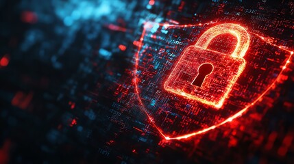 Leinwandbilder - Digital information safety concept with a glowing padlock on a shield, representing cyber security, with futuristic elements and a dark foggy abstract background
