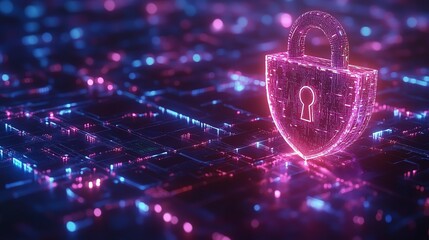 Leinwandbilder - Digital security and data protection with a shield and encrypted padlock, illuminated with blue and purple lights, on an abstract dark digital backdrop