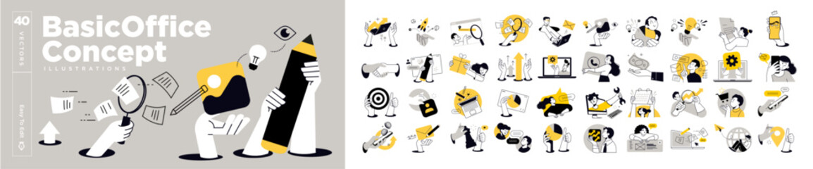 Fototapete - Basic office concept illustrations. Set of people vector illustrations in various activities of business planning and strategy, management, marketing, finance, startup, communication.