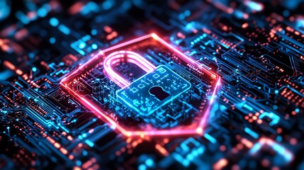 Poster - Digital security and data protection with a shield and encrypted padlock, illuminated with blue and purple lights, on an abstract dark digital backdrop