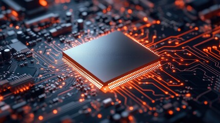 Poster - Close-up of a Microchip's Intricate Circuitry Glowing with Orange Hues