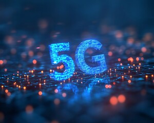 Poster - Futuristic 5G network concept with glowing blue text, interconnected digital lines, set against a dark abstract background, highlighting cuttingedge communication technology