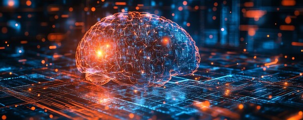 Leinwandbilder - Futuristic digital brain hologram with glowing data streams and intricate visualizations on a techinspired background, symbolizing AI and machine learning advancements