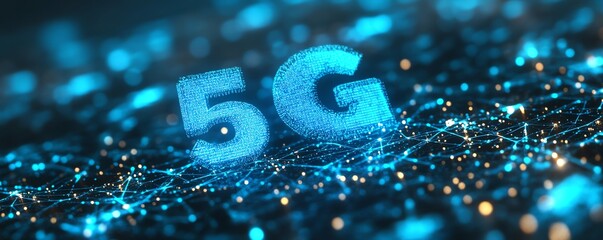 Poster - hightech 5g network concept with luminous blue text, connected digital lines, and a futuristic dark 