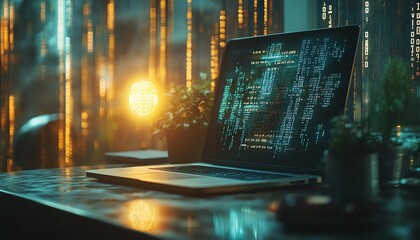 Leinwandbilder - Office desktop closeup with a laptop, glowing AI hologram, and binary code on a blurred background, showcasing technology, artificial intelligence, and digital programming