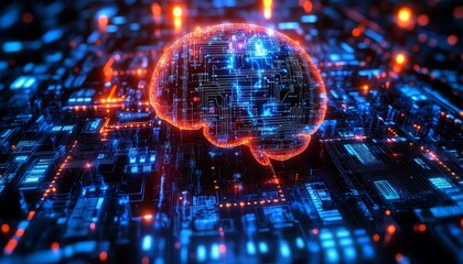 Aufkleber - 3D holographic brain with data visualization and glowing neural connections on a technologythemed background, symbolizing advanced cognitive computing and AI