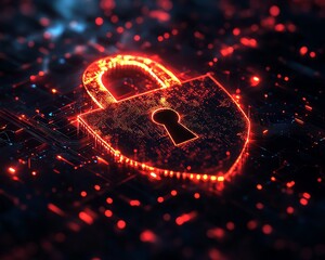 Poster - 3D rendering of a digital padlock and shield symbolizing data protection, surrounded by a digital fog, with a hightech abstract dark background for security