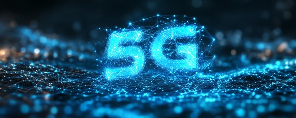 Poster - 5g communication network concept with glowing blue data lines, connected nodes, and futuristic dark 