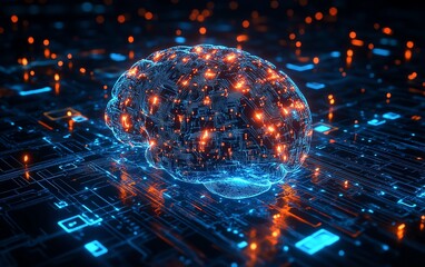 Leinwandbilder - Advanced digital brain hologram with interactive data visualization, glowing circuits, and a futuristic technology background, representing neural computing in 3D