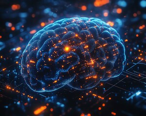 Leinwandbilder - Brain hologram with dynamic data visualization and glowing connections, set against a hightech digital background, symbolizing futuristic AI and neural science