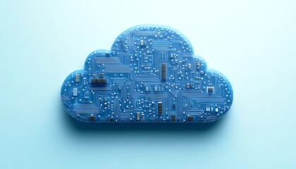 Fototapete - Cloud computing icon in blue with circuit design elements, 3D rendered on a light blue background, illustrating modern digital transformations and data services
