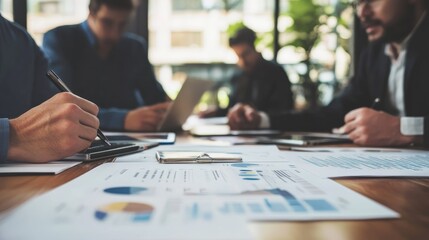 Poster - business meeting with teamwork and financial analysis