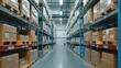 © Ivan - Tall shelves filled with neatly stacked boxes and pallets create a well-organized storage area. Bright lights illuminate the spacious warehouse, revealing a clear aisle for movement