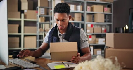 Aufkleber - Small business, computer and man with order, typing and preparing of product with label and logistics. Warehouse, entrepreneur and person with boxes for supply chain, ecommerce and planning for store