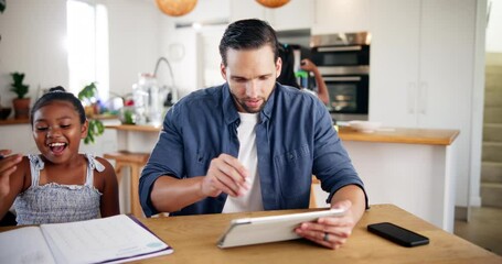 Poster - Home, stress and dad with tablet, children or asking father for help, web designer or anxious for deadline. Digital, parent and person with project in kitchen, busy or kids with homework in apartment
