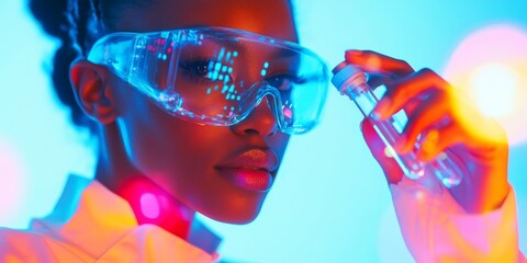 Aufkleber - a scientist in protective eyewear examines a small vial in a vibrant lab. the colorful background cr