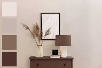 Aufkleber - Console table in mocha mousse shade and decor in room. Interior design with matching color palette