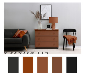 Poster - Stylish living room with elements in mocha mousse shade. Interior design and matching color palette