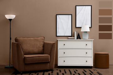 Aufkleber - Stylish room with armchair in mocha mousse shade and other furniture. Interior design with matching color palette