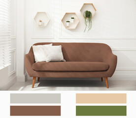 Aufkleber - Stylish living room with sofa in mocha mousse shade. Interior design and matching color palette