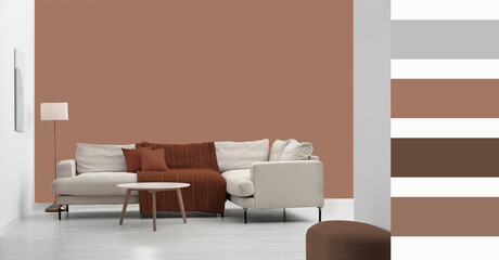 Aufkleber - Stylish living room with elements in mocha mousse shade. Interior design and matching color palette