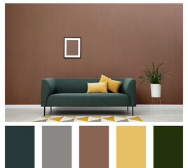 Aufkleber - Stylish living room with wall in mocha mousse shade. Interior design and matching color palette