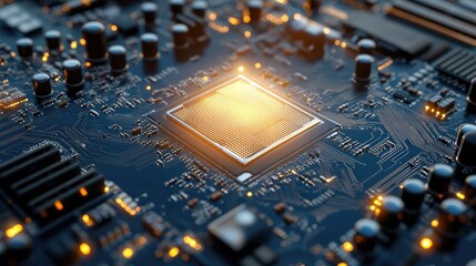 Poster - Close-up of a Computer Motherboard with Glowing CPU