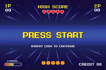 Leinwandbilder - PRESS START. INSERT A COIN TO CONTINUE. pixel art. 8 bit game. Retro Futurism Sci-Fi Background. glowing neon grid. and stars from vintage arcade computer games