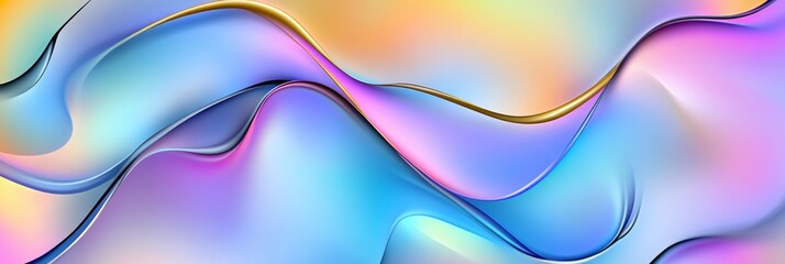 Poster - Fluid Abstract Background, 3D Gradient Shapes in Pastel Colors With Golden Line Accents