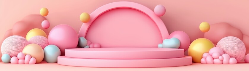 Poster - Soft Pastel 3D Arena Concept with Colorful Round Shapes on Pink Background