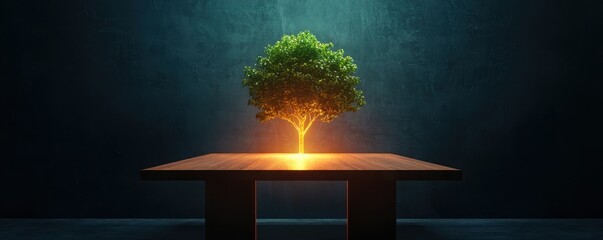 Poster - A vibrant tree, glowing from below, stands on a table against a dark backdrop, symbolizing life and energy.
