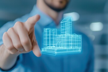 Poster - Holographic Blueprint Concept of AI-Driven Factory Design with Professional Touch