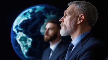 Poster - Two men in suits stand thoughtfully against a backdrop of Earth, symbolizing global perspective and leadership.