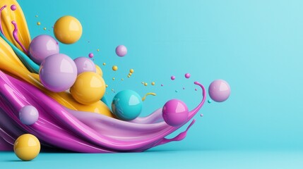 Poster - A visually captivating composition featuring a dynamic interplay of vibrant surreal liquid motions and an array of playful floating party balls set against a serene blue background