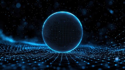 Fototapete - A futuristic digital rendering of a wireframe sphere surrounded by a glowing interconnected grid of points and lines in shades of blue