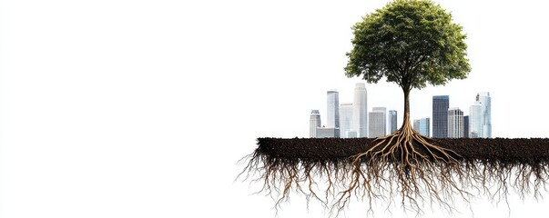 Poster - A tree with visible roots stands against a city skyline, symbolizing nature's connection to urban life and the importance of environmental balance.