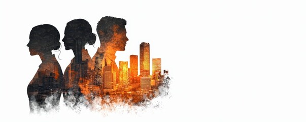 Aufkleber - A creative silhouette design featuring profiles of people against a vibrant cityscape backdrop.