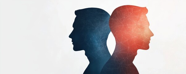 Poster - A stylized silhouette of two male profiles, one in blue and the other in red, set against a light background, suggesting a theme of duality or contrast.