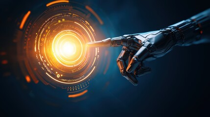 Poster - Futuristic Digital Transformation Concept with Glowing Cybernetic Hand Reaching for Light Sphere