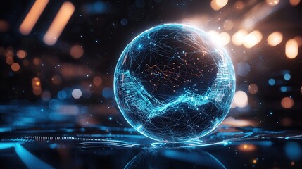 Fototapete - Futuristic digital sphere made of a luminous wireframe symbolizing the interconnected nature of global communication and technological advancements