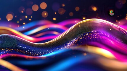 Poster - Captivating abstract composition featuring dynamic waves of vibrant colors glowing gold particles and a sense of futuristic digital energy and motion