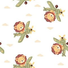 Wall Mural - Seamless vector pattern in a simple childish style. Cute lion flying on an airplane among clouds on white background . Vector illustration