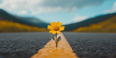 Aufkleber - A solitary yellow flower grows from a crack in the road, symbolizing resilience against a backdrop of mountains and a clear sky.
