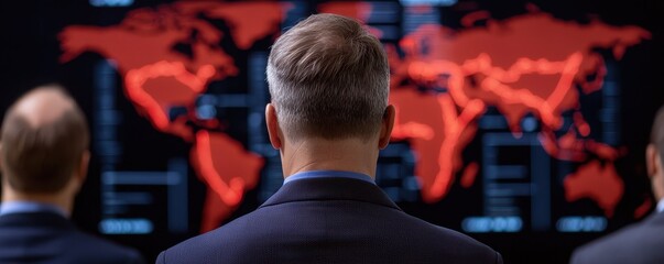 Fototapete - A group of individuals observes a digital world map displaying data, highlighted in red, indicating a focus on global issues or analytics.