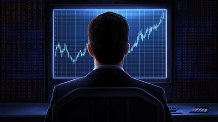 Poster - Confident Investor Watching Financial Growth on Screen in Dark Room