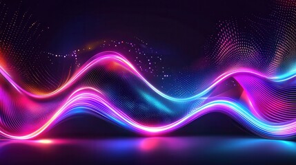 Poster - Vibrant undulating waves of neon light pulse and flow through a dynamic futuristic landscape creating a mesmerizing ethereal atmosphere