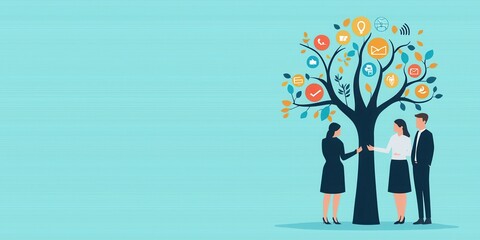 Aufkleber - A stylized illustration of two people interacting near a tree adorned with colorful icons representing various concepts and ideas.
